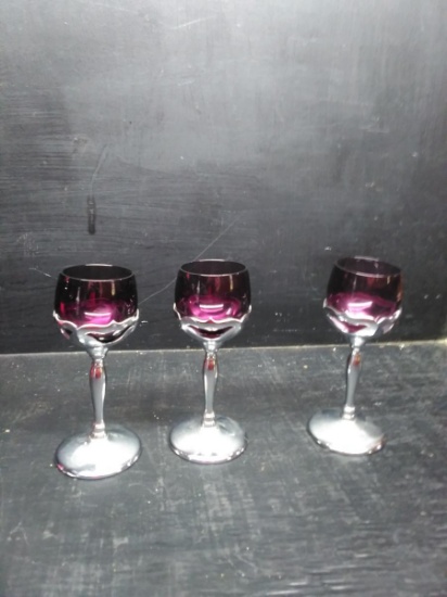 Collection 3 Silver Plated Farbar Bros Art Deco Amethyst  Glass and Chrome Liquor Cocktails glasses