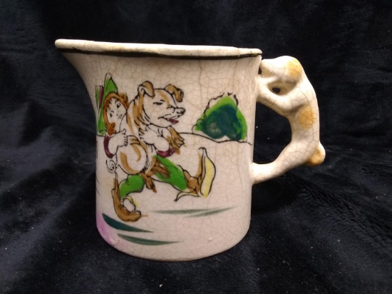 Vintage Hand painted Made in Japan Creamer -Boy Carrying Pig-Dog Handle