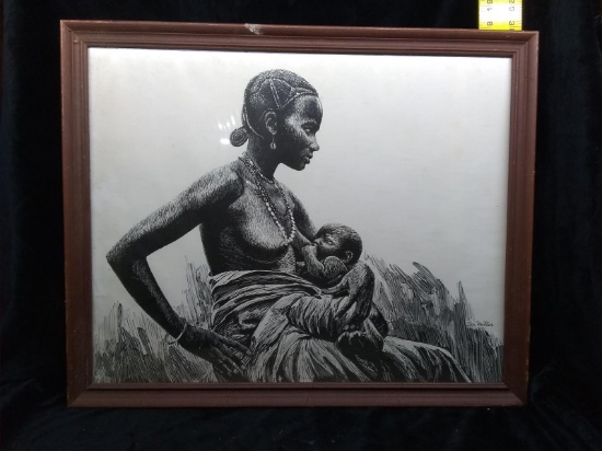 Framed Pen and Ink-Indigenous Mama and Baby by Don Miller
