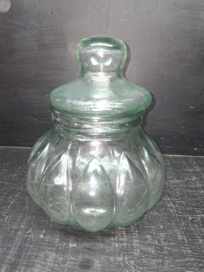 Large Vintage Green Glass Apothecary Melon Style Container