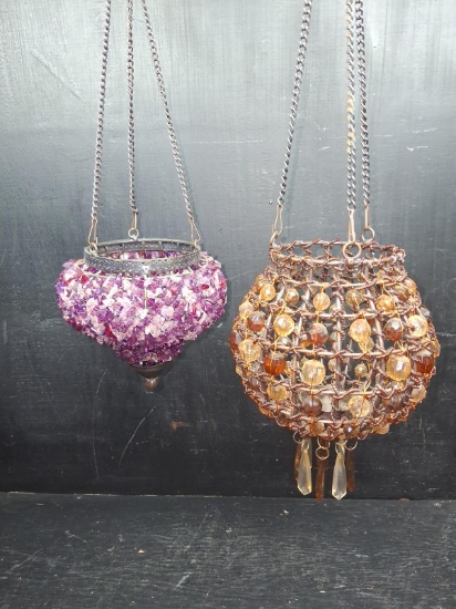 Collection 2 Beaded and Wire Tea Light Hanging Lanterns