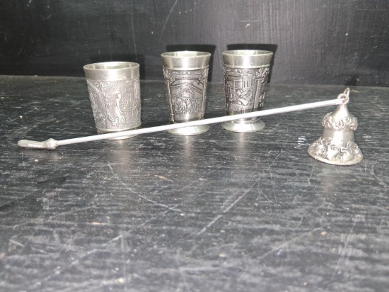 Collection 4 Pewter High Relief Shot Glasses and Snuffer