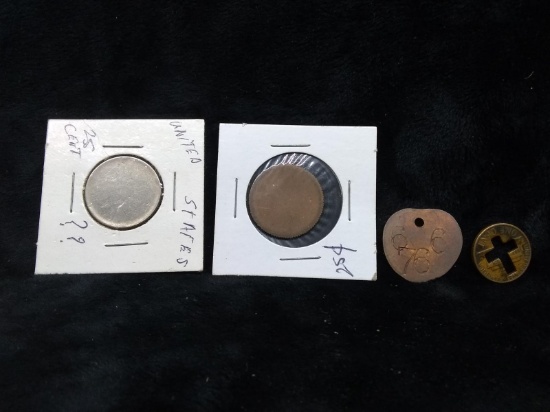 Coin-Assorted Unmarked Quarters ?, Penny with Cross and Copper Tag