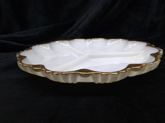 Vintage Milk Glass Gold Rim Divided Serving Dish
