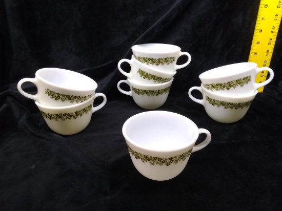 Collection 8 Pyrex Milk Glass Green Daisy Mugs