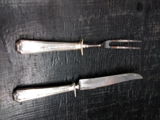 Sterling Silver Handle Fork and Knife Meat Carving Set