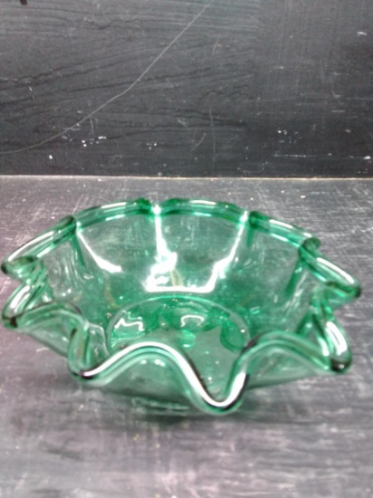 Green Glass Ruffled Edge Bowl with Pontil