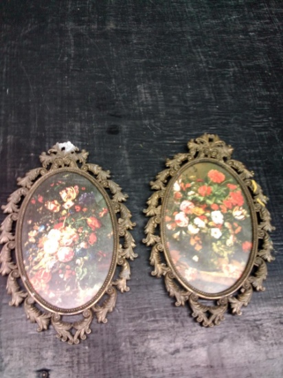 Pair Italian Brass Framed Prints