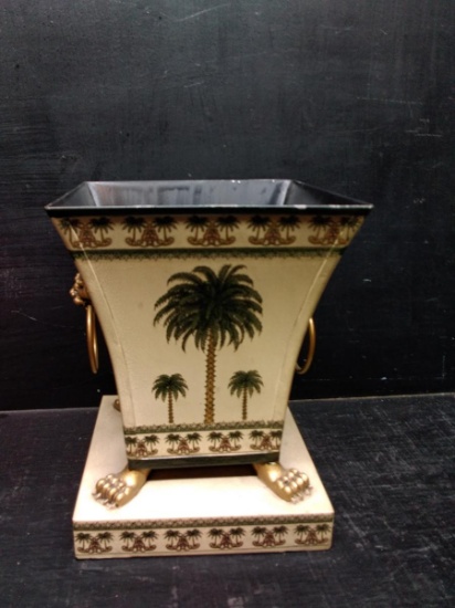 Decorative Metal Planter with Palm Tree Motif and Lion Head Handles