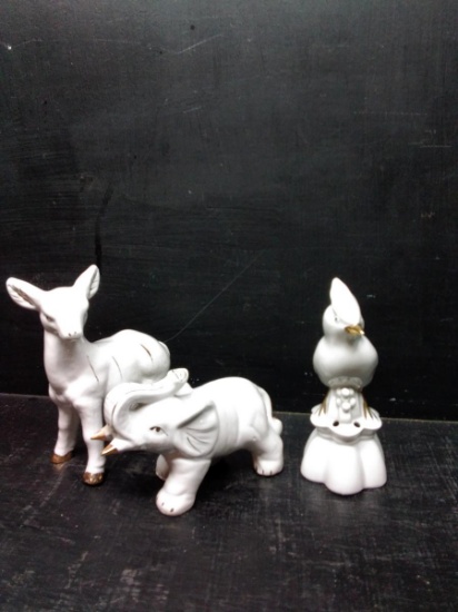 3 pcs Ceramic White with Gold Accents Decorative Animals