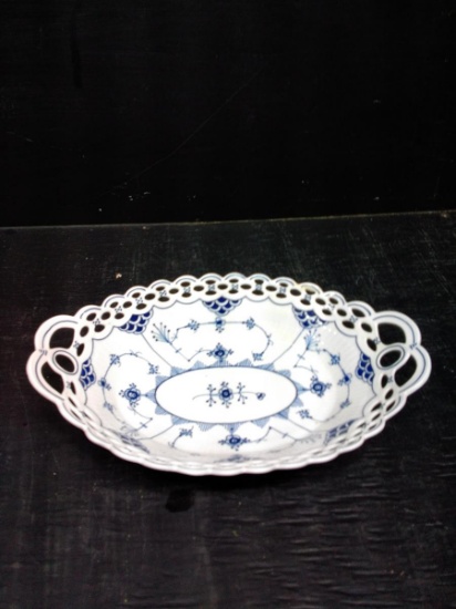Vintage Schumann Blue and White Oval Handled Bowl with Reticulated Edge