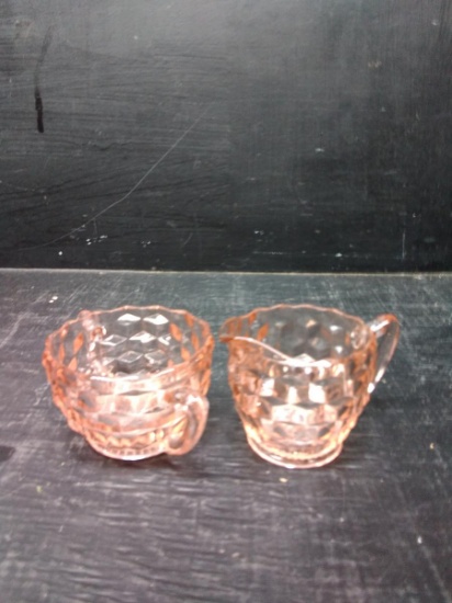 Vintage Pink Depression Diamond Point Sugar & Creamer