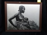 Framed Pen and Ink-Indigenous Mama and Baby by Don Miller