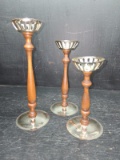 Collection 3 Graduated Brass and Wood Candlesticks