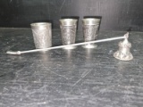 Collection 4 Pewter High Relief Shot Glasses and Snuffer