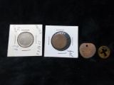 Coin-Assorted Unmarked Quarters ?, Penny with Cross and Copper Tag