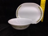 2 pcs Corelle Ware Green Daisy -Platter and Bowl