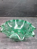 Green Glass Ruffled Edge Bowl with Pontil