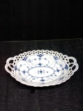 Vintage Schumann Blue and White Oval Handled Bowl with Reticulated Edge