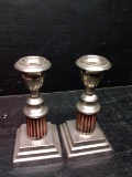 Pair Silver Plate and Ribbed Mahogany Candlesticks