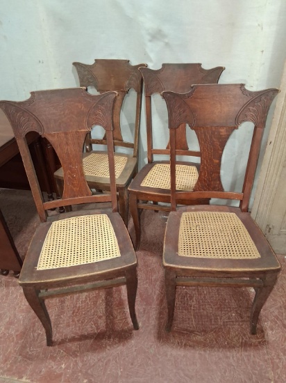 (4) Antique Oak Carved Back Cane Bottom Chairs (X4)