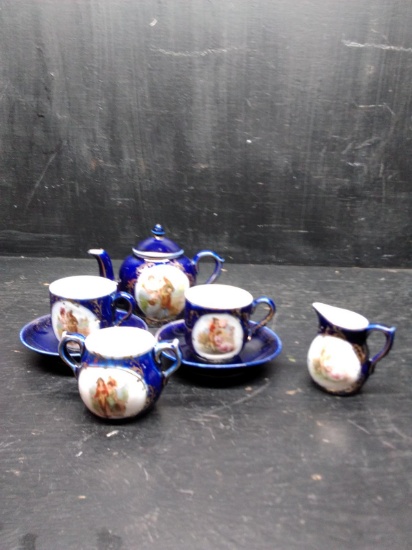 7 pc Cobalt Blue and Victorian Scene Tea Set