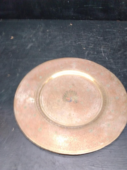 Vintage Brass and Enamel Peacock Plate