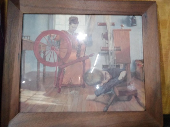 Framed Print-Spinning Lesson with Antique Oak Frame