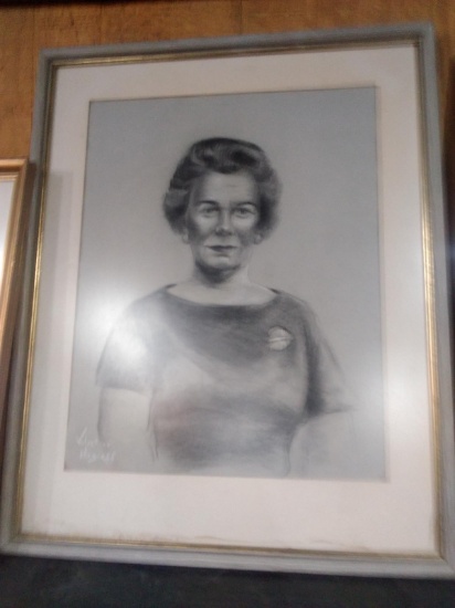 Framed Charcoal Portrait-Distinguished Lady signed Valentine Huzieff