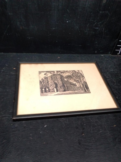 Framed & Matted Wooden Block Print-Structure with IVy