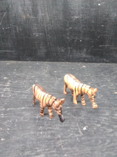 Pair Hand Carved Wooden Miniature Zebra Figures