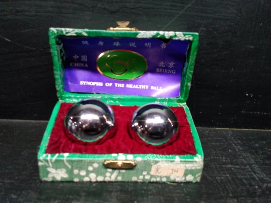 Collection 2 Chinese Silver Anti Stress Health Balls with Case