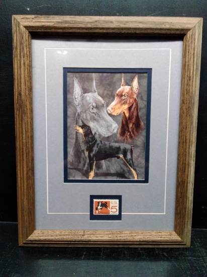 Framed and Matted Print and Stamp-Doberman Pinscher