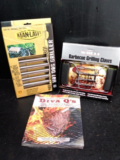 Man Law Hot Dog Grillers, Mr Bar B Q GRilling Claws, & Danielle Bennett Diva Q's Cookbook-Sealed- al
