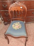 Antique Mahogany Carved Back Side Chair w/ Needle Point Seat