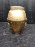 Vintage Etched Brass Chinese Vase with Lion head Handle Details