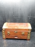 Vintage Wood and Brass Jewelry Chest with Carved Lid