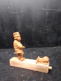Hand Carved Folk Art Wooden Toy-Man Feeds Cat