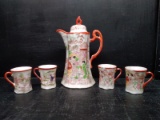 Hand painted Oriental Decorated Teapot and 4 Mugs