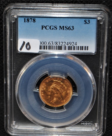 SCARCE 1878 $3 PRINCESS GOLD COIN - PCGS MS63