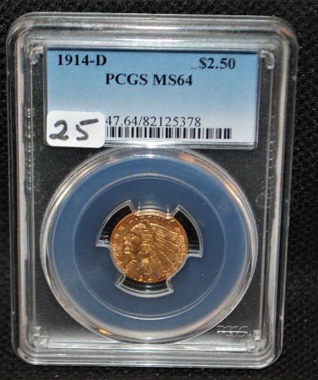 "KEY DATE" 1914-D $2 1/2 INDIAN GOLD - PCGS MS64