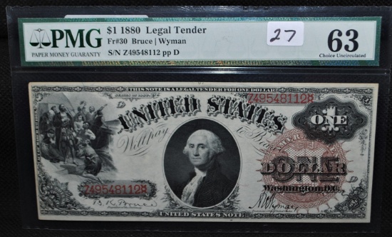 $1 LEGAL TENDER NOTE - PMG 63 CHOICE UNC. - LARGE