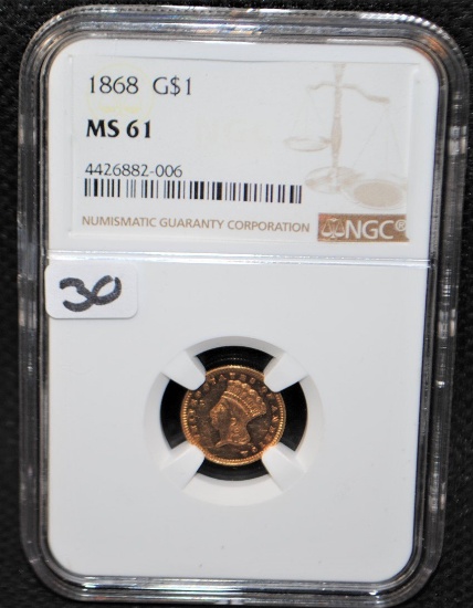 SCARCE 1868 $1 TYPE III GOLD - NGC MS61