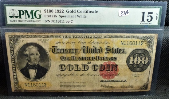 VERY RARE $100 GOLD CERTIFICATE - SERIES 1922 CF15