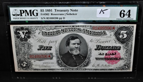 RARE $5 TREASURY NOTE - SERIES 1891 PMG 64  CHOICE UNCIRCULATED - LARGE SIZ