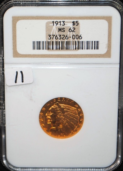 RARE DATE 1913 $5 INDIAN GOLD NGC MS62