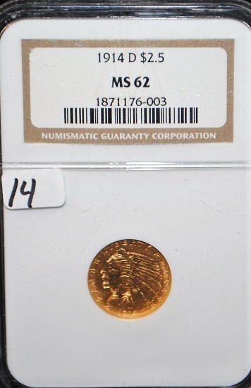 RARE DATE 1914-D $2 1/2 INDIAN GOLD - NGC MS62