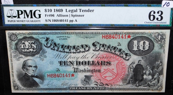 RARE $10 U.S. "RAINBOW" LEGAL TENDER PMG UNC 63