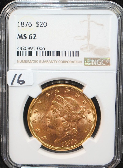 SCARCE 1876 $20 LIBERTY GOLD COIN - NGC MS62