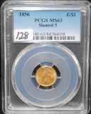 1856 $1 (SLANT 5) TYPE 3 GOLD COIN - PCGS MS63